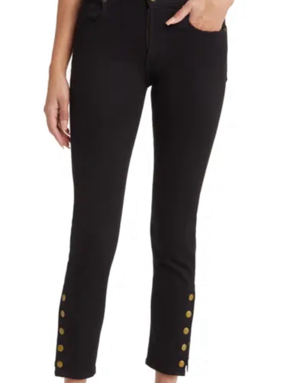 Frame Denim Black Ankle Skinny Jeans with Gold Button Detail